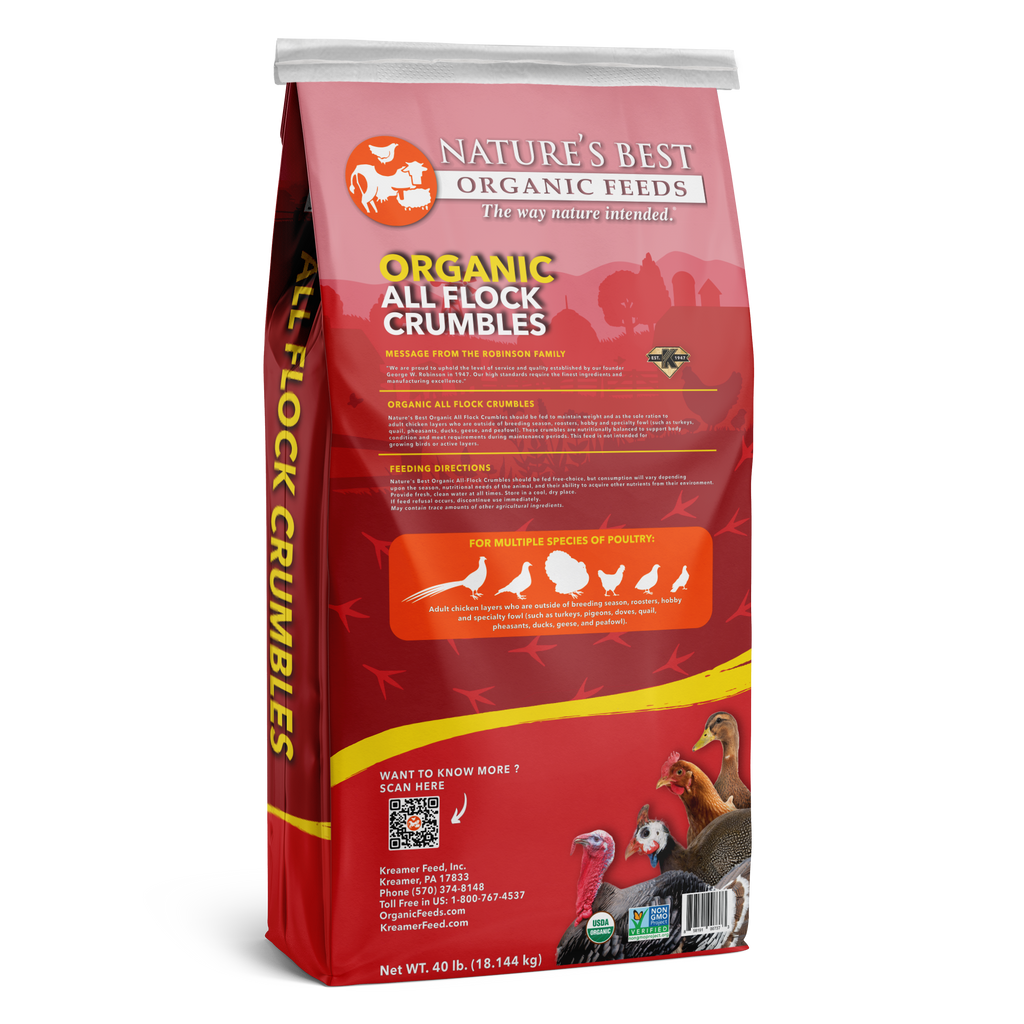 Back of Nature’s Best Organic All Flock Crumbles, 40 lb bag with multi‑species guide and QR code.