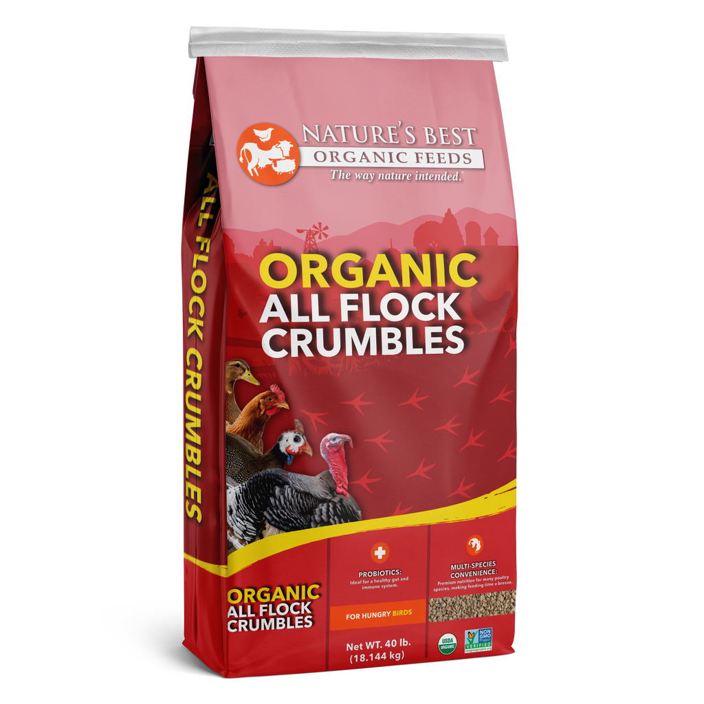 Nature’s Best Organic All Flock Crumbles, 40 lb multi‑species poultry feed.
