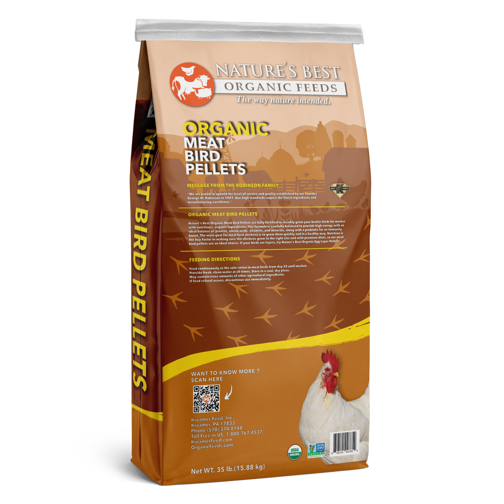 Back of Nature’s Best Organic Meat Bird Pellets, 35 lb bag with feeding directions and QR code.