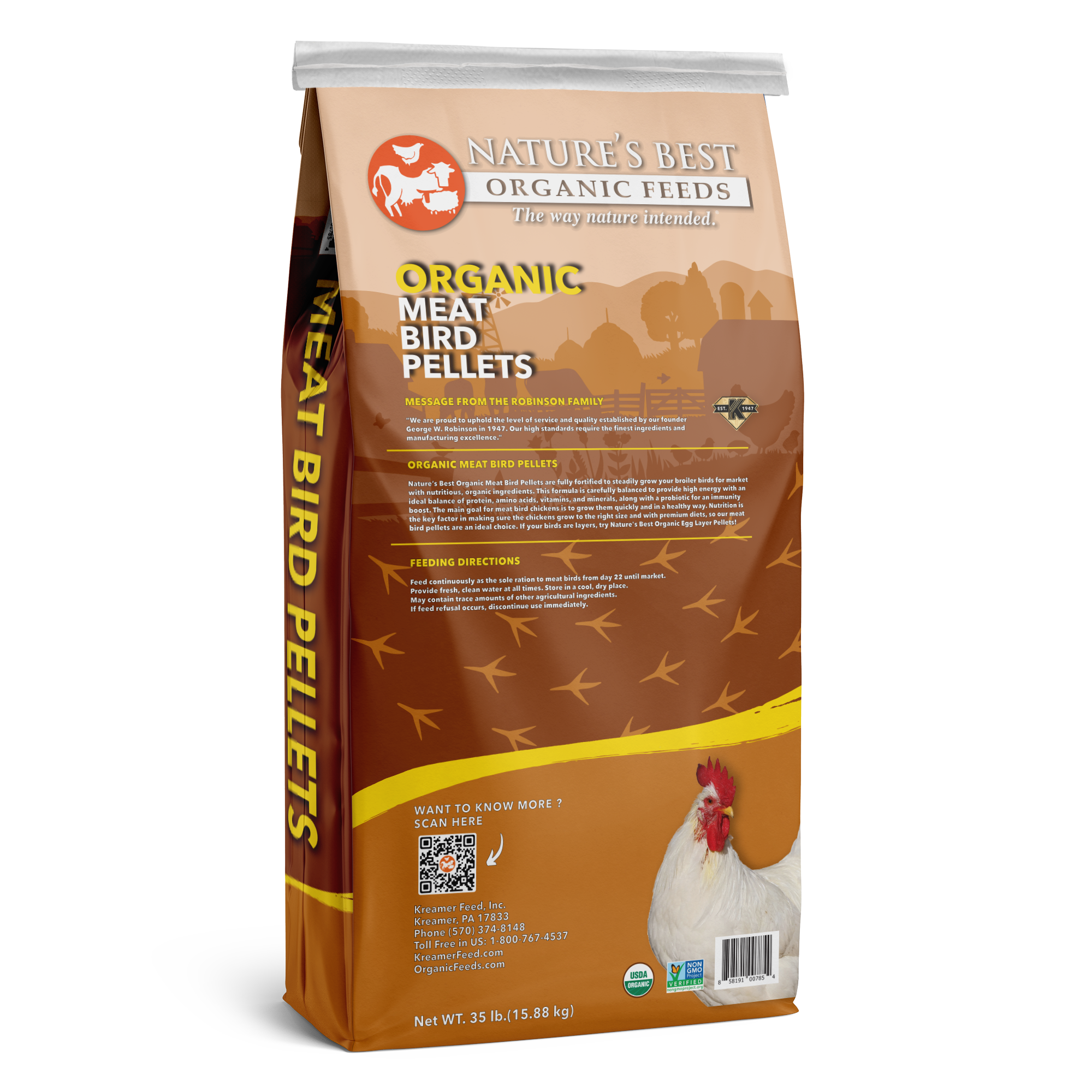 Back of Nature’s Best Organic Meat Bird Pellets, 35 lb bag with feeding directions and QR code.