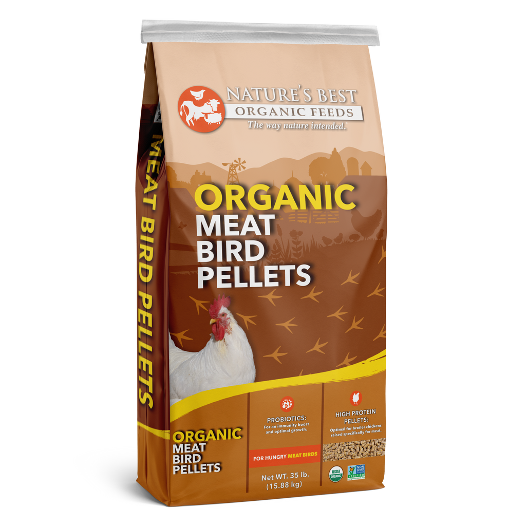 Bag of Nature’s Best Organic Meat Bird Pellets—USDA Organic, Non‑GMO feed.