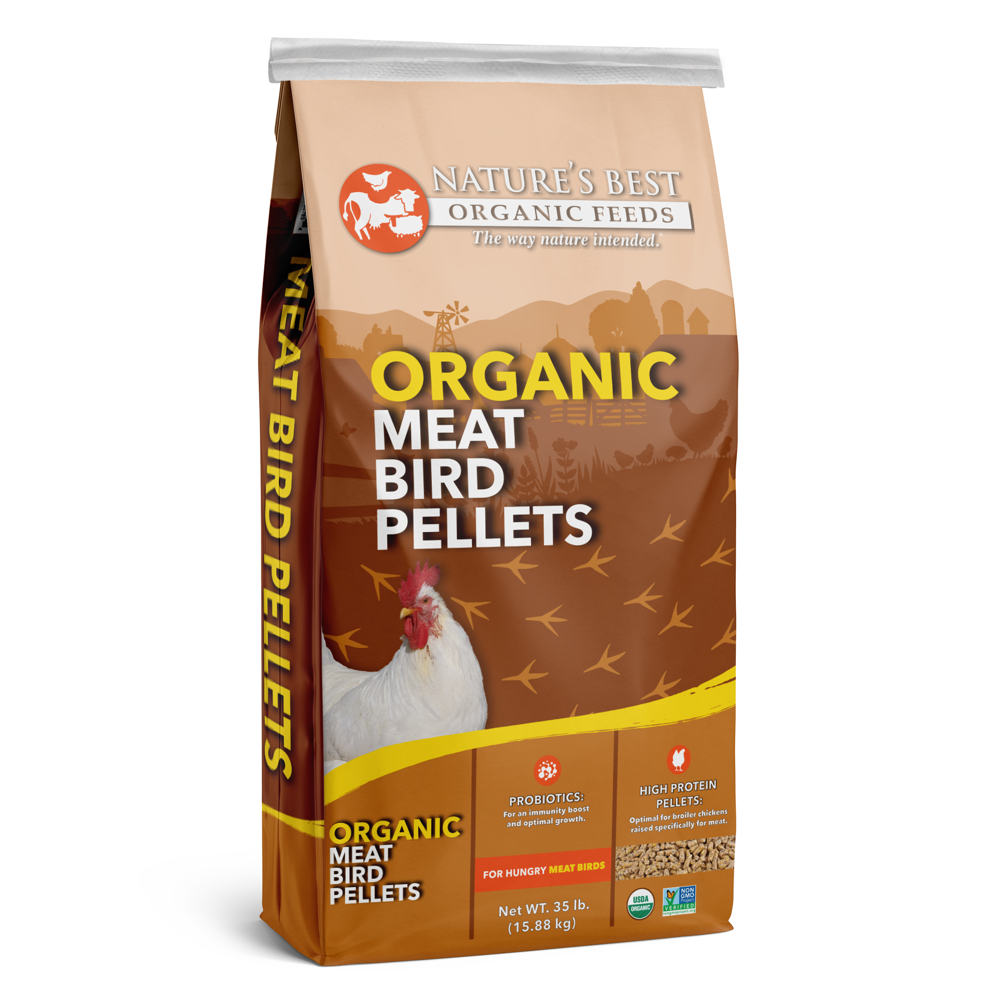 Bag of Nature’s Best Organic Meat Bird Pellets—USDA Organic, Non‑GMO feed.